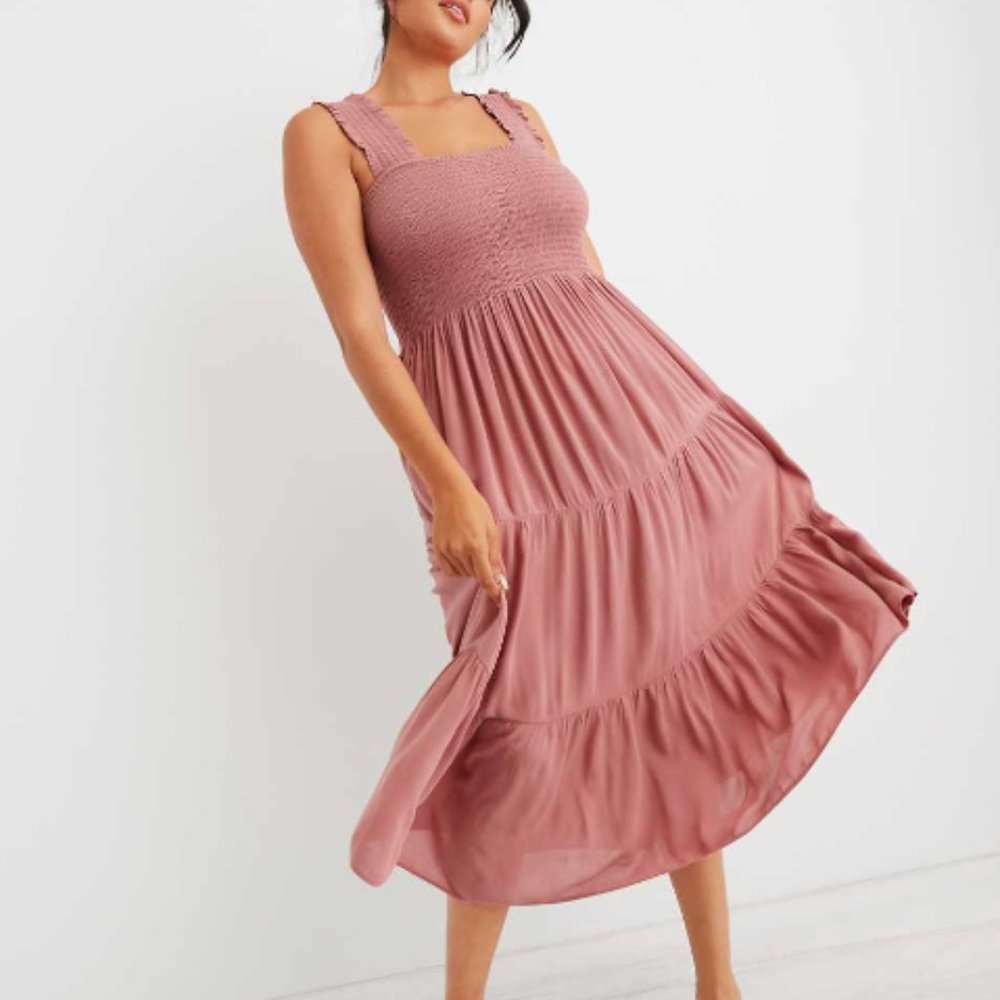 Aerie Smocked Midi Dress in XXS